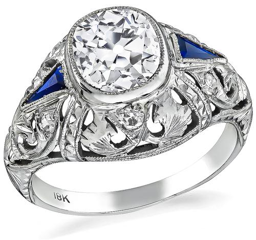 Art Deco Cushion Cut Diamond Sapphire 18k White Gold Engagement Ring