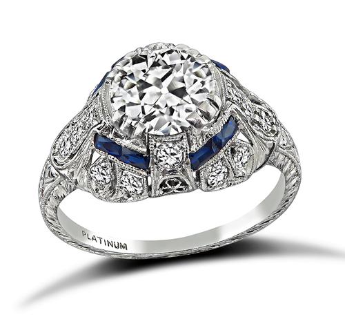 Art Deco Old European Cut Diamond Sapphire Platinum Engagement Ring