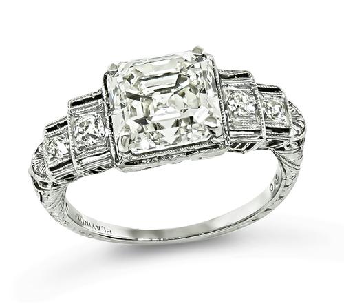 Vintage Emerald Cut Diamond Platinum Engagement Ring