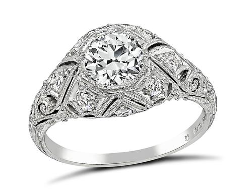 Art Deco Old Mine Cut Diamond Platinum Engagement Ring