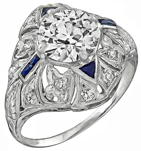 Art Deco Old Mine Cut Diamond Sapphire Platinum Engagement Ring