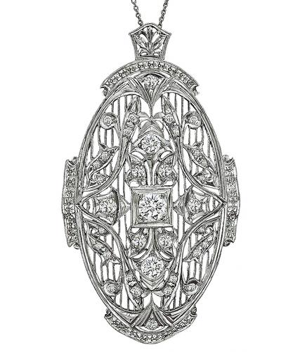 Art Deco Round Cut Center Diamond Old Mine Cut Diamond 14k White Gold Pin / Pendant