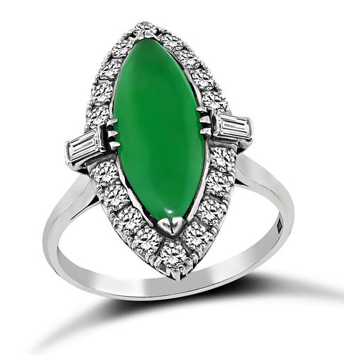 Vintage Marquise Cut Jade Round and Baguette Cut Diamond Platinum Ring