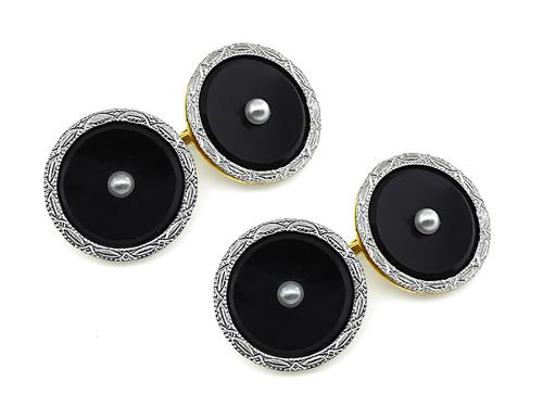 Victorian 14k Yellow and White Gold Pearl Onyx Cufflinks
