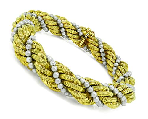 Vintage 18k Yellow Gold Pearl Bracelet