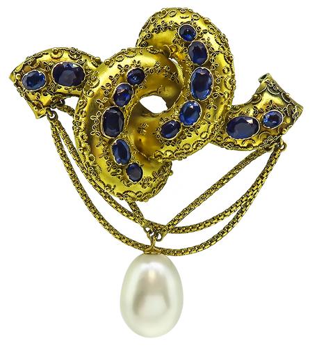 Vintage Oval Cut Sapphire Pearl 14k Yellow Gold Pin