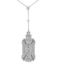 Vintage Art Deco Marquise and Old Mine Cut Diamond Pearl Onyx Platinum Pin / Pendant Necklace
