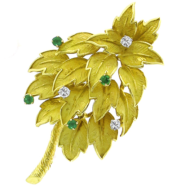 diamond emerald 18k yellow gold foliage  pin 1