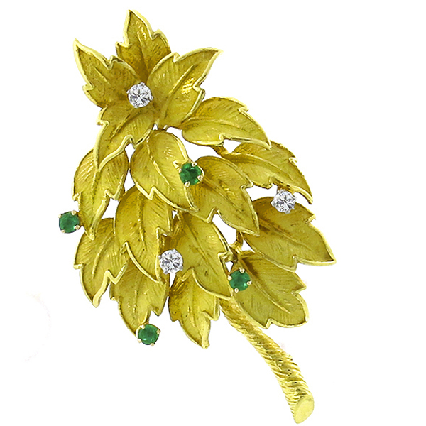 diamond emerald 18k yellow gold foliage  pin 1