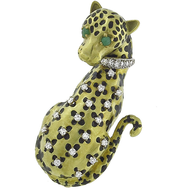 18k yellow gold enamel leopard diamond and emerald  pin 1