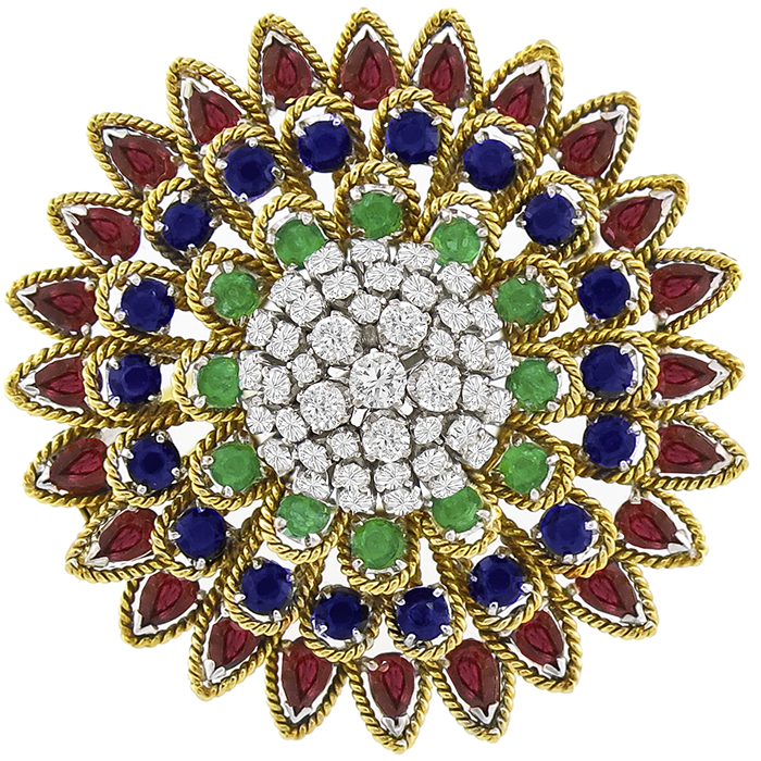 1.50ct Diamond, Sapphire, Emerald & Ruby Gold Circle Pin