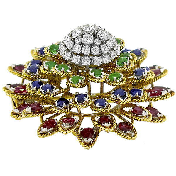 1.50ct Diamond, Sapphire, Emerald & Ruby Gold Circle Pin