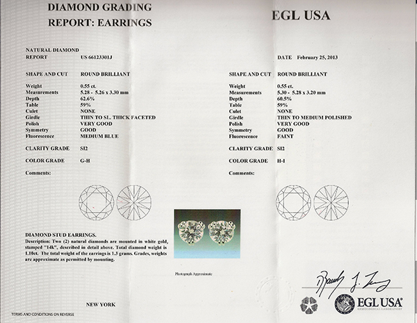 1.10ct diamond 14k gold stud earrings front view photo