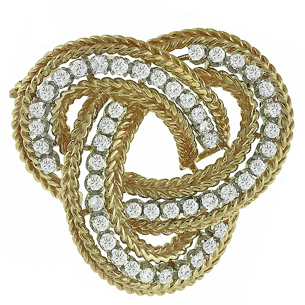1960s triqueta infinity knot 14k yellow and white gold diamond pin 1