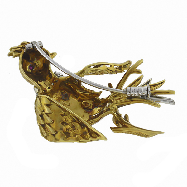 18k yellow & white gold diamond enamel birds of paradise pin 1