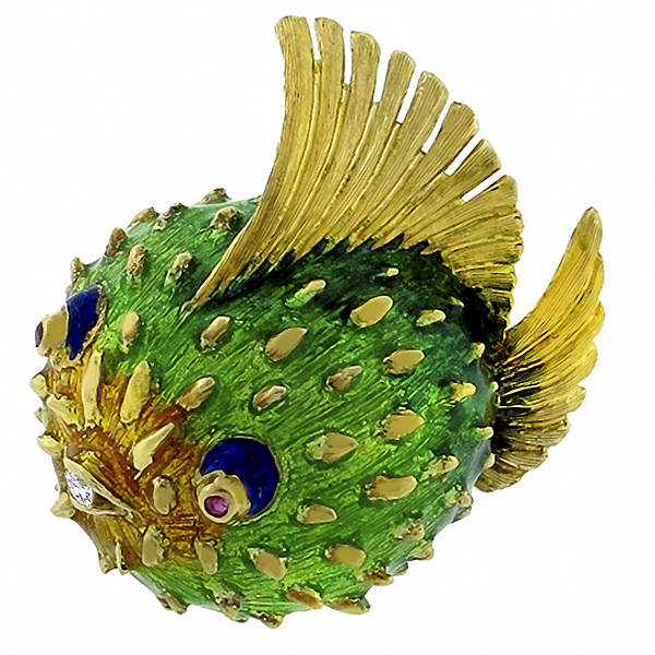 18k yellow gold diamond ruby and enamel blowfish pin 1