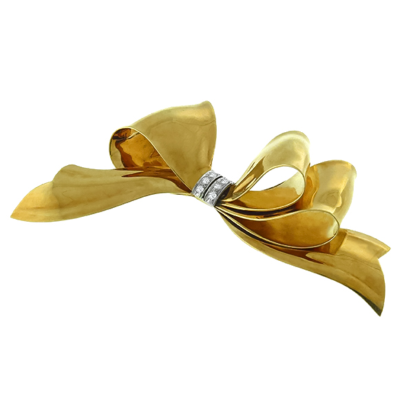 1960s Round Cut Diamond 14k Yellow Gold Bow Pin