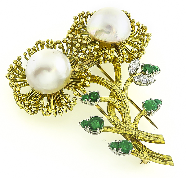 Vintage 2.00ct Emerald Pearl Diamond Flower Pin