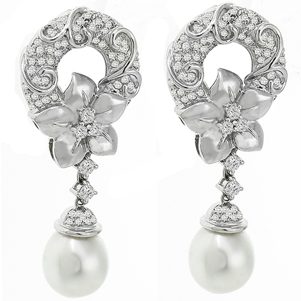 1980s 3.50ct Round Cut Diamond & South Sea Pearls 18k White Gold Drop Earrings