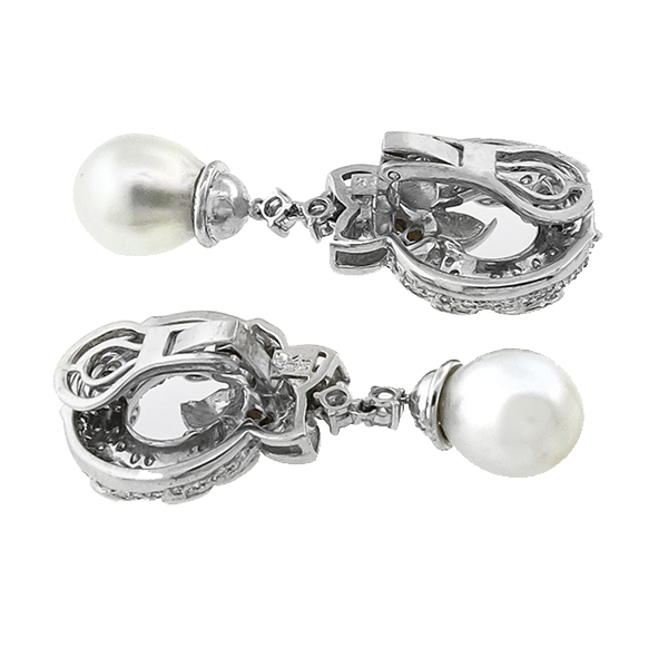 1980s 3.50ct Round Cut Diamond & South Sea Pearls 18k White Gold Drop Earrings