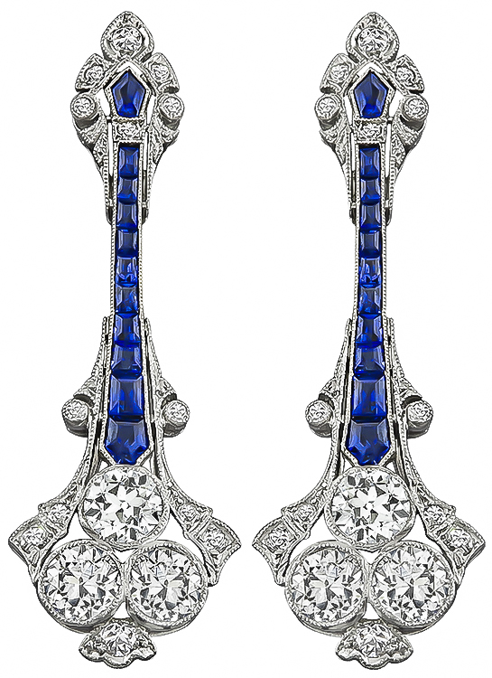 2.00ct Diamond Sapphire Art Deco Earrings