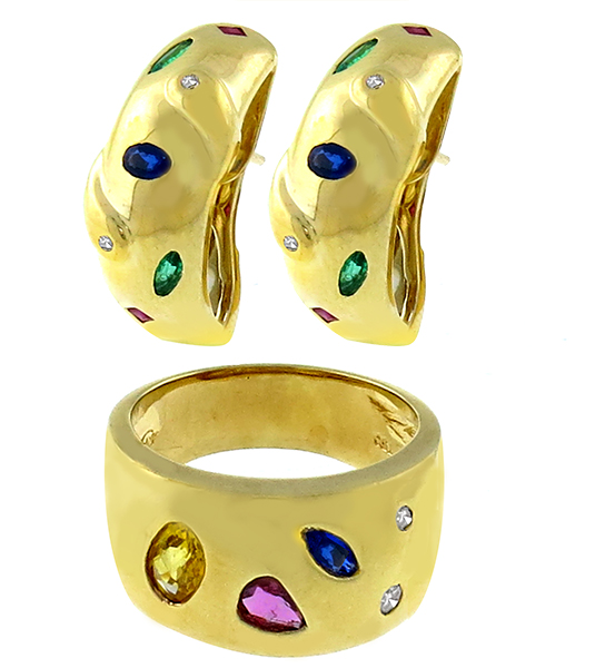 18k yellow gold sapphire, ruby, emerald  and diamond  earrings and ring set 1