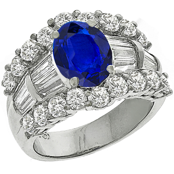 2.10ct Oval Cut Ceylon Sapphire 2.00ct Round & Tapered Baguette Cut Diamond 18k White Gold Ring