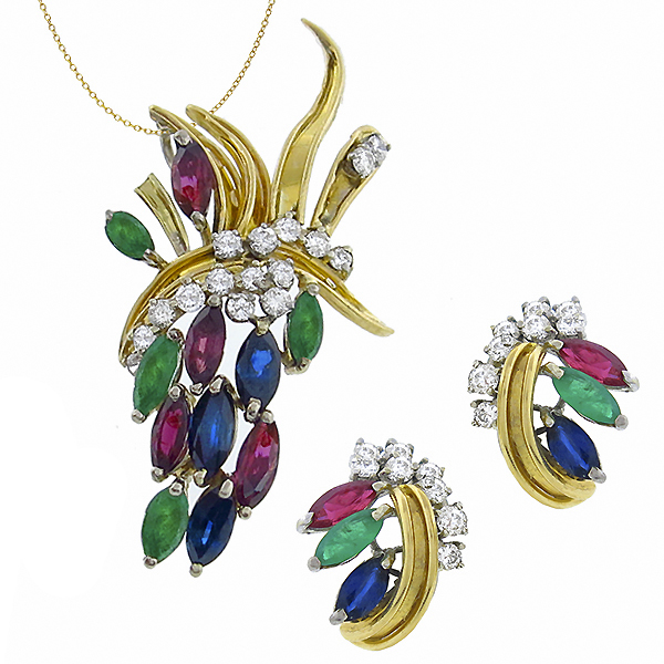 18k yellow gold ruby, sapphire,  emerald and diamond pin/ pendant and earring set 1