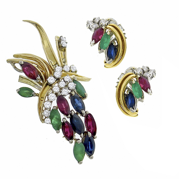 18k yellow gold ruby, sapphire,  emerald and diamond pin/ pendant and earring set 1