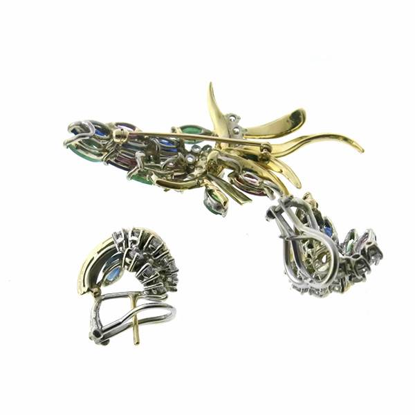18k yellow gold ruby, sapphire,  emerald and diamond pin/ pendant and earring set 1