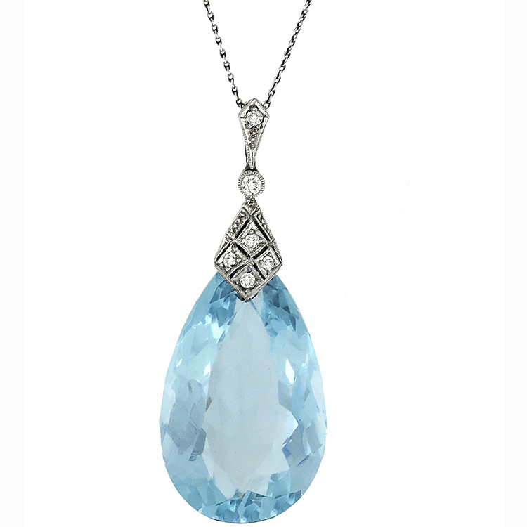 Art Deco Aquamarine Diamond Gold Necklace