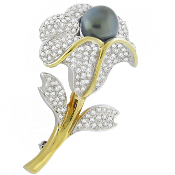 black pearl 18k white gold flower pin 1