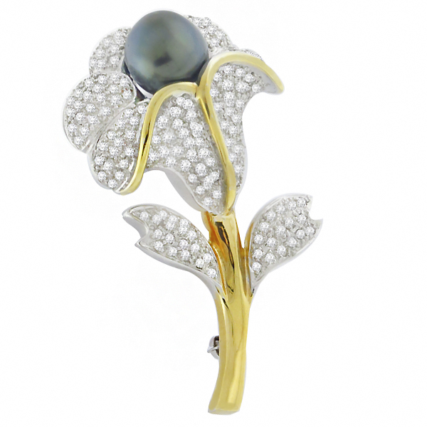 black pearl 18k white gold flower pin 1