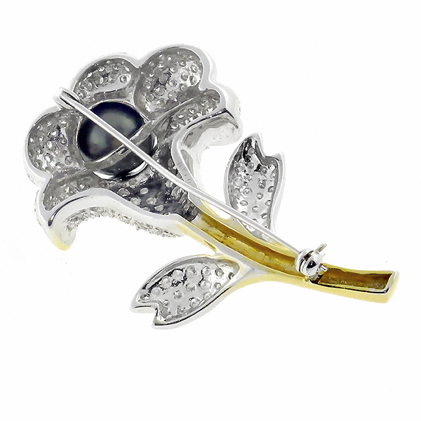 black pearl 18k white gold flower pin 1