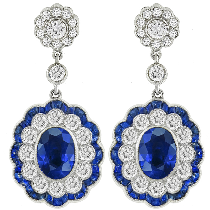 Art Deco Style 4.97ct Oval Cut Center And 2.48ct French Faceted Sapphire 3.52ct Round Cut Diamond 18k White Gold Drop Earrings 
