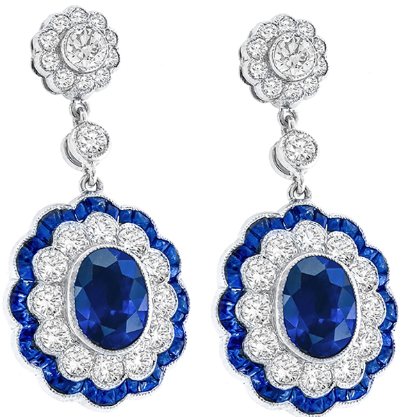 Art Deco Style 4.97ct Oval Cut Center And 2.48ct French Faceted Sapphire 3.52ct Round Cut Diamond 18k White Gold Drop Earrings 