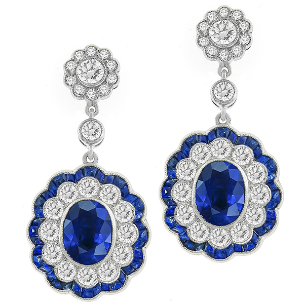 Art Deco Style 4.97ct Oval Cut Center And 2.48ct French Faceted Sapphire 3.52ct Round Cut Diamond 18k White Gold Drop Earrings 