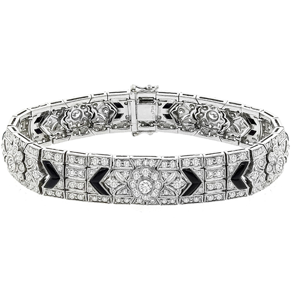 Art Deco 6.00ct Round Brilliant Diamond Onyx 18k White Gold Bracelet