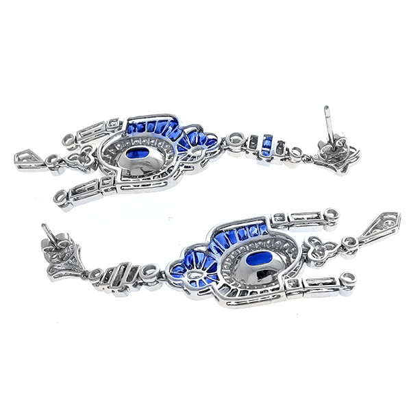 Estate Art Deco Style 6.33ct Oval & 3.33 Faceted Cut  Sapphire 2.03ct Round & Pear Shape Diamond 18k White Gold Chandelier Earrings 