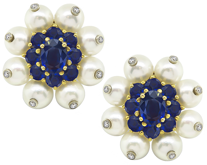 8.00ct Sapphire 0.50ct Diamond Pearl Earrings