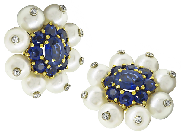 8.00ct Sapphire 0.50ct Diamond Pearl Earrings