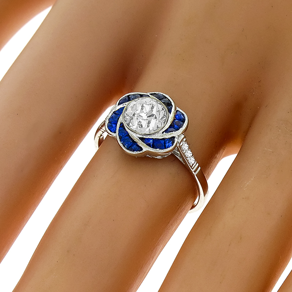 Estate 1.00ct Diamond Sapphire Gold Engagement Ring 