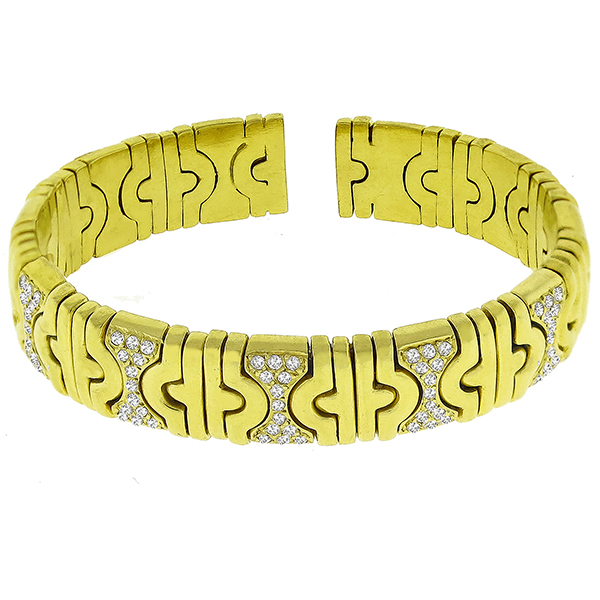 Bvlgari Style 1.00ct Round Cut Diamond 18k Yellow Gold Cuff Bangle