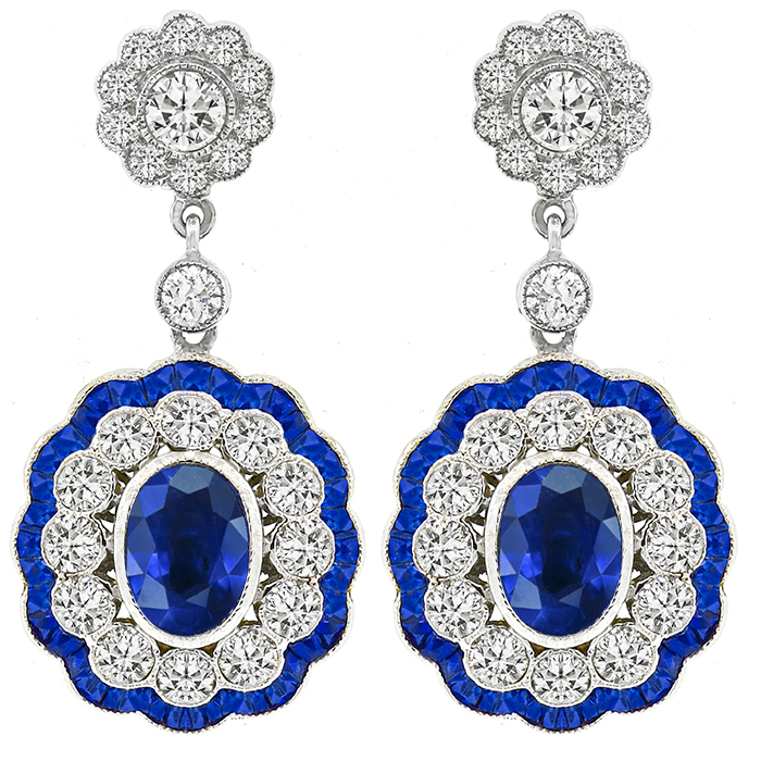 Art Deco Style 4.86ct Oval Cut Center And French Faceted Sapphire  2.56ct Round Cut Diamond 18k White Gold Drop Earrings 