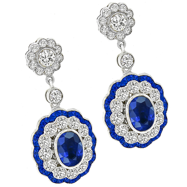 Art Deco Style 4.86ct Oval Cut Center And French Faceted Sapphire  2.56ct Round Cut Diamond 18k White Gold Drop Earrings 