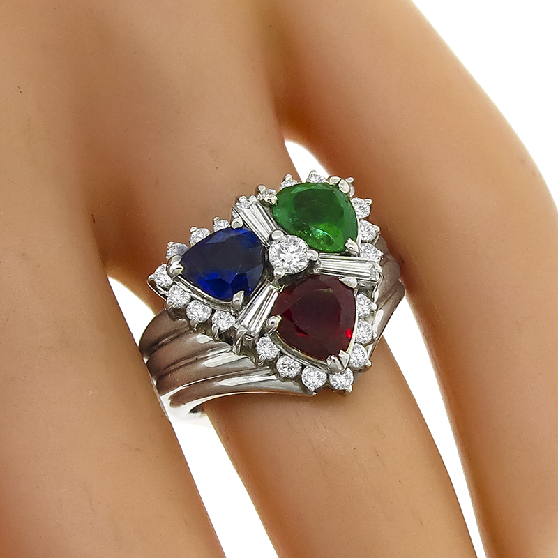 Emerald, Ruby, Sapphire And Diamond Platinum Ring  