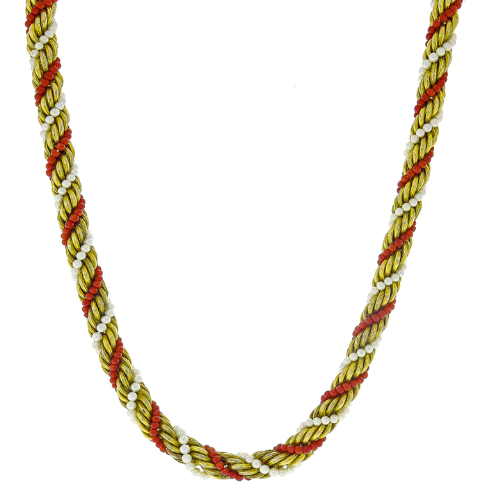 Pearl And Coral Bead Gold Twist Necklace 