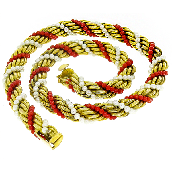Pearl And Coral Bead Gold Twist Necklace  | Israel Rose