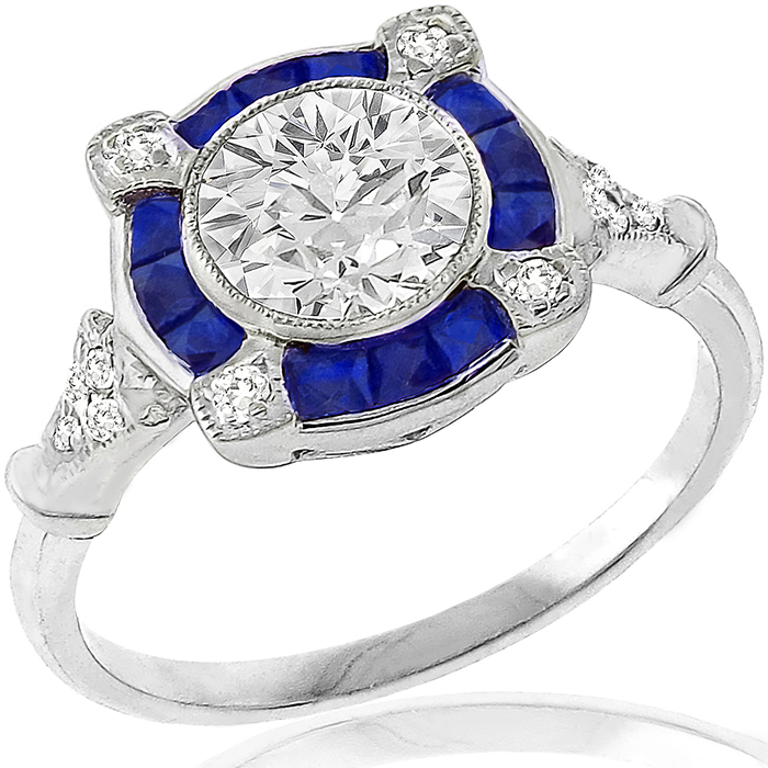 Art Deco Style GIA Certified 1.03ct Round Brilliant Diamond Faceted Cut Sapphire 18k White Gold Engagement Ring 