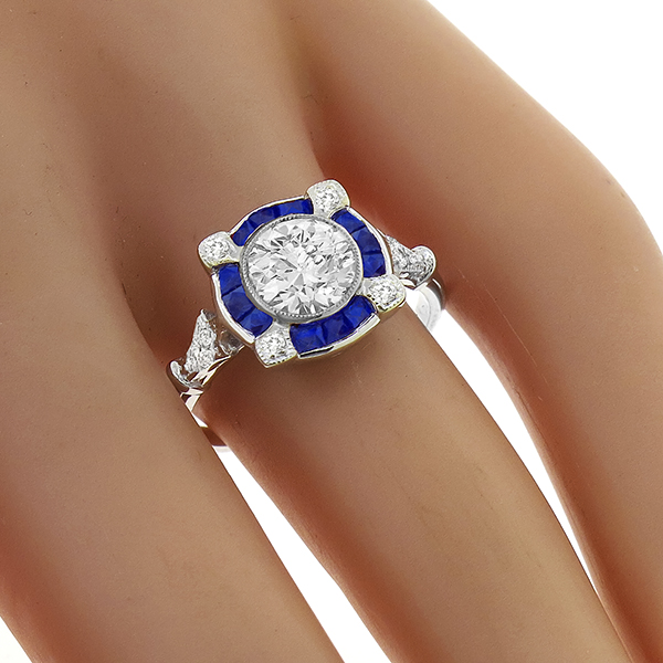 Art Deco Style GIA Certified 1.03ct Round Brilliant Diamond Faceted Cut Sapphire 18k White Gold Engagement Ring 